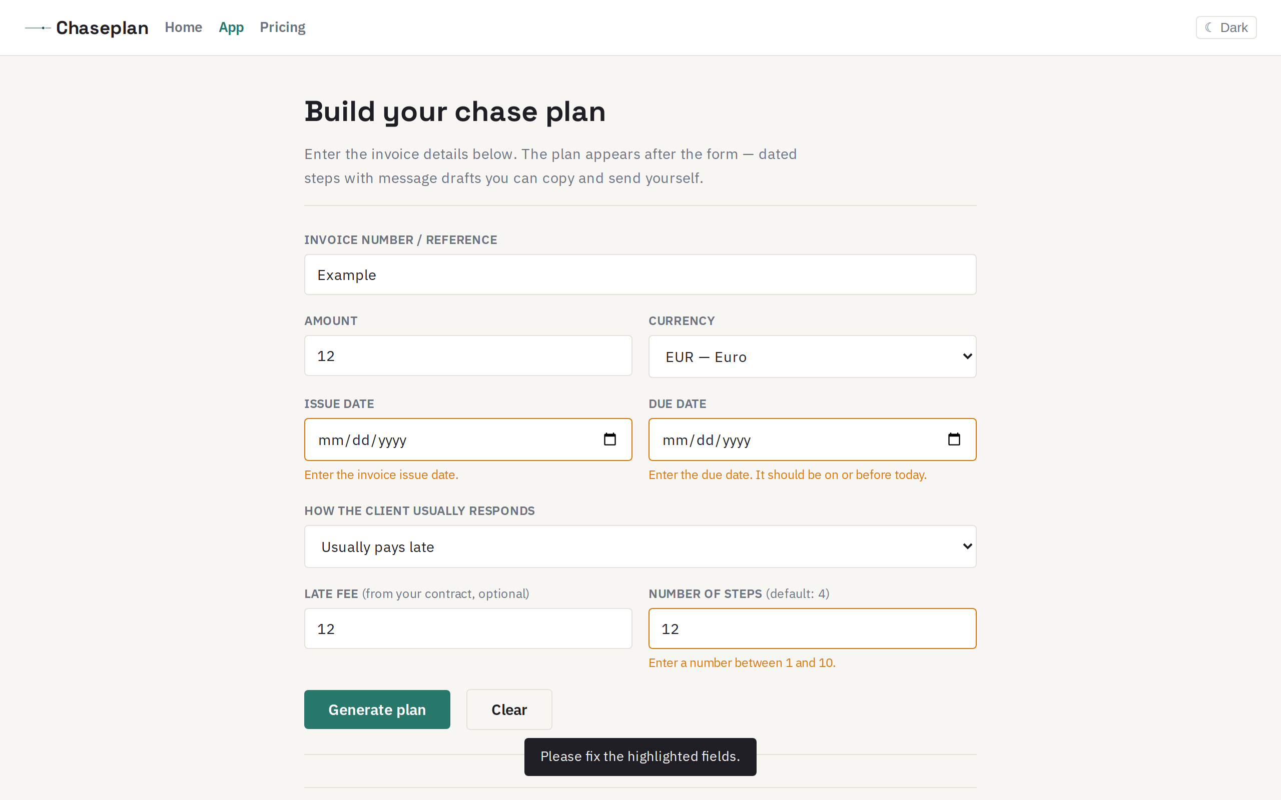 Chaseplan screenshot showing four dated chase steps — Friendly reminder, Follow-up, Reminder 3rd, and Final notice — each with a message draft containing the invoice number, amount, and payment instructions